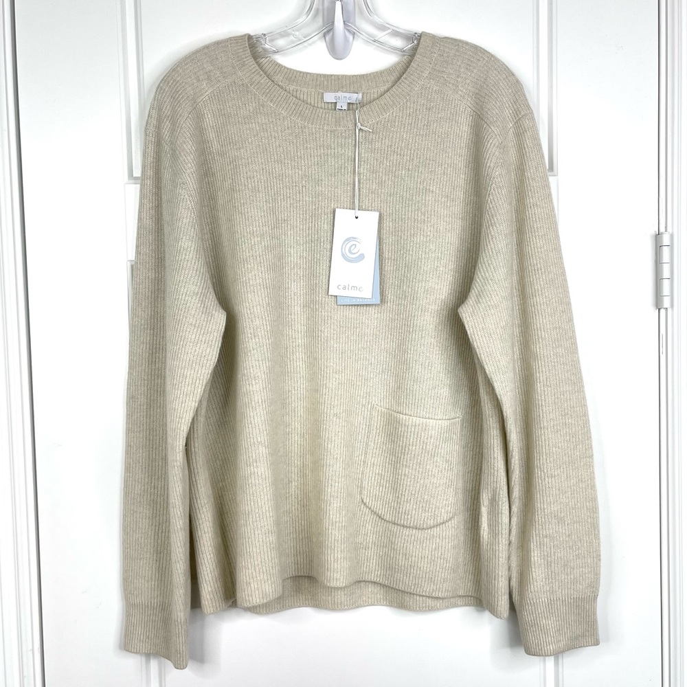 JOHNNY WAS Calme 100% Cashmere Ribbed Pocket Pullover Sweater NEW Size L Fog